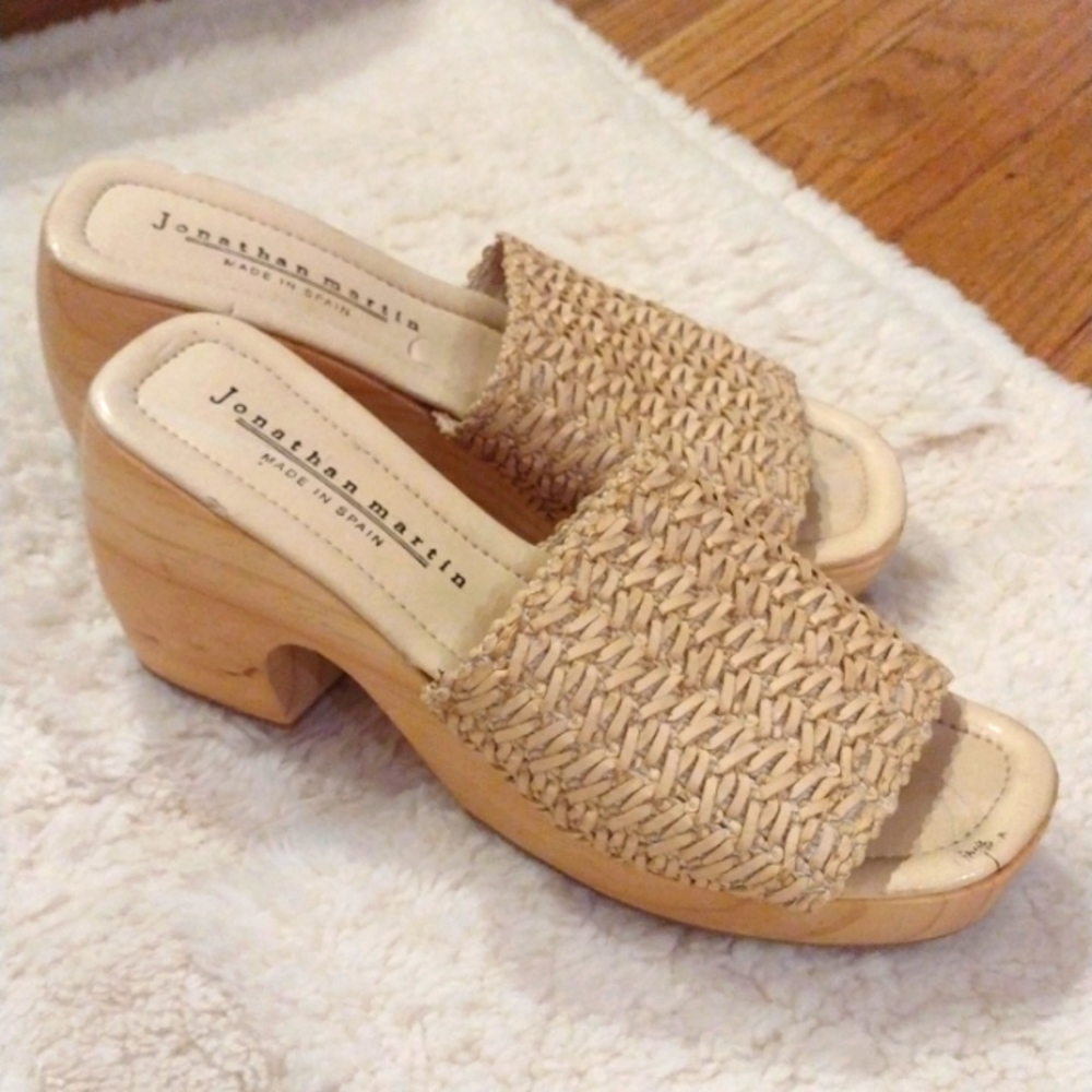 Jonathan Martin Wooden Platform Braided Leather Slip-on Sandals size 7
